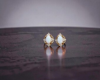 Oval Lab Grown Opal Studs Earrings, Sterling Silver, Simulated Moissanite Accents