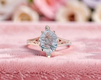 925 Sterling Silver Filigree Hexagon Ring, Black Rutilated Quartz Engagement Ring