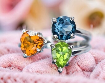 Natural Round London Blue topaz, Pear Peridot And Heart Citrine Ring