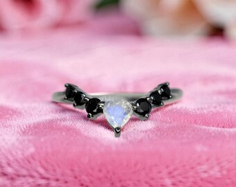 Heart Rainbow Moonstone Ring, Statement Blue Fire Ring, Black Onyx