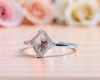 Square Cut Morganite Solitaire Ring, 925 Sterling Silver, Minimalist Stacking Band, October Birthstone