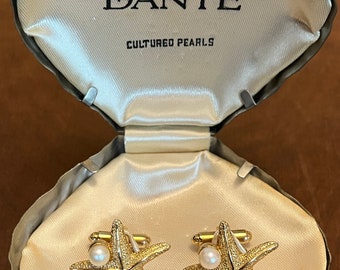 UNIQUE Vintage Dante NIB Gold Starfish and Pearl Cufflinks