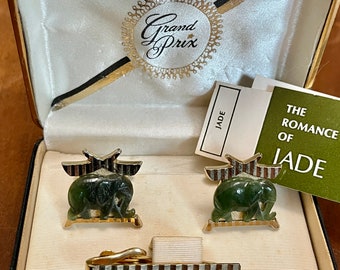 Original Vintage SWANK Grand Prix Jade Elephant Cufflinks