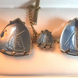 RARE Vintage Swank Arts of the World Crystal Sailboat Cufflink Set image 1