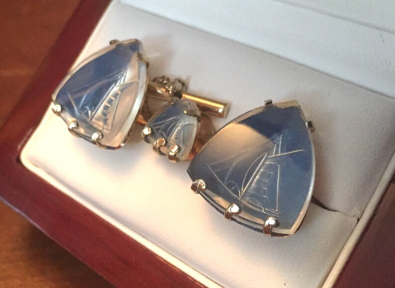 RARE Vintage Swank Arts of the World Crystal Sailboat Cufflink Set image 2