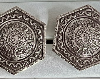 Vintage Mexican Sterling Silver Mayan Calendar Cufflinks