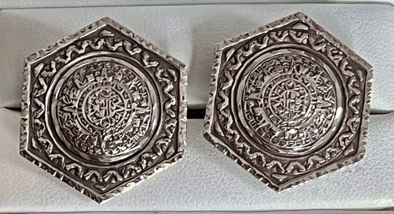 Vintage Mexican Sterling Silver Mayan Calendar Cufflinks image 1