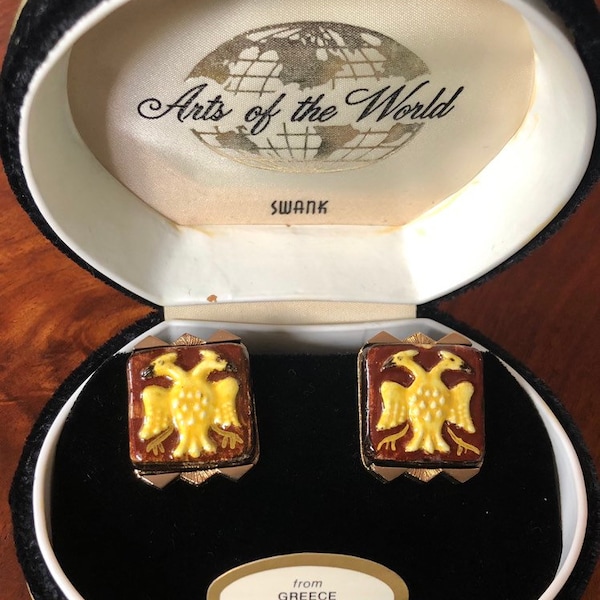 VERY RARE Original Vintage SWANK Arts of the World Macedonian Ceramic Double Eagle Cufflinks