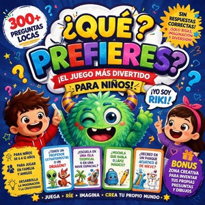 May include: A colorful board game titled "¿QUÉ PREFIERES?" (What Do You Prefer?) for children. The game features illustrations of cartoon characters, a green monster, and various question cards. The box includes text in Spanish, promoting fun, imagination, and creativity for kids aged 6-12.