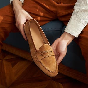 Men's Sand Suede Penny Loafers, Premium Slip On Shoes, Minimalist Casual Loafers, Elegant Mens