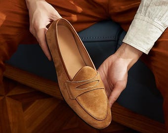 Men's Sand Suede Penny Loafers, Premium Slip On Shoes, Minimalist Casual Loafers, Elegant Mens
