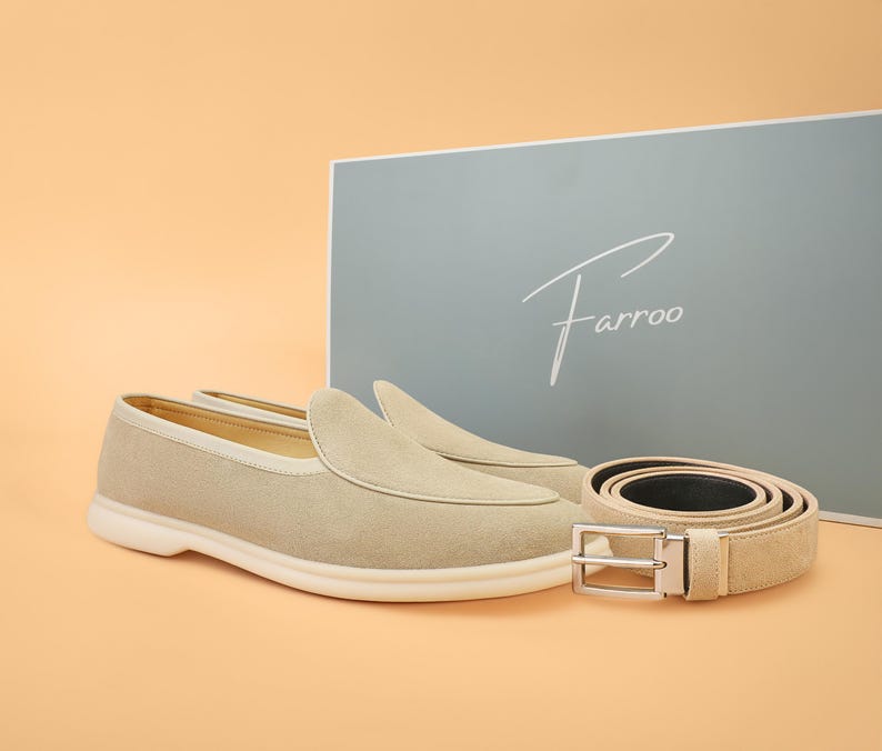 Matching suede loafers and belt set for men, coordinated outfit style.
