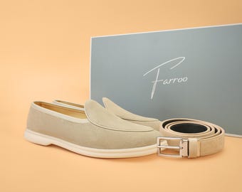 Men’s Suede Loafers with Belt Set – Beige Slip-On Shoes – Casual Luxury Summer Shoes – Comfortable Designer Loafers