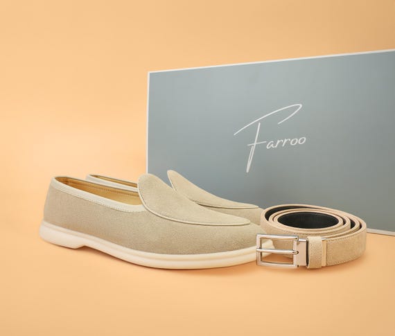 Men’s Suede Loafers with Belt Set – Beige Slip-On Shoes – Casual Luxury Summer Shoes – Comfortable Designer Loafers