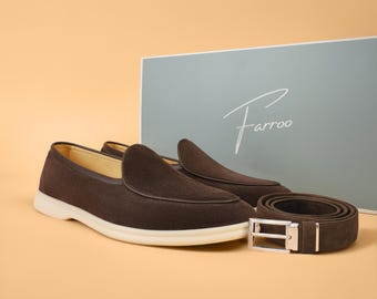 Men’s Suede Loafers with Matching Belt Set – Luxury Casual Slip-On Shoes – Designer Style Comfortable Summer Loafers – Gift for Him