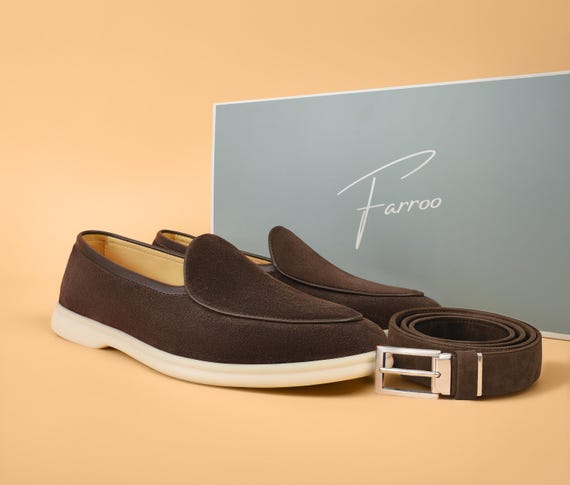 Men’s Suede Loafers with Matching Belt Set – Luxury Casual Slip-On Shoes – Designer Style Comfortable Summer Loafers – Gift for Him