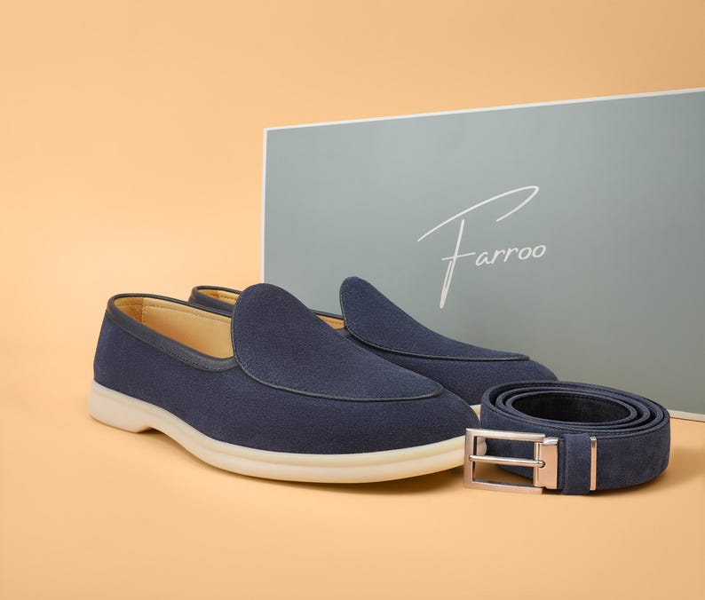 Men’s navy suede loafers with matching belt, coordinated set, luxury slip-on shoes.