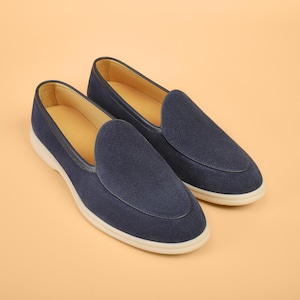 Men’s navy suede loafers with matching belt, coordinated set, luxury slip-on shoes