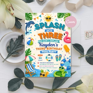 May include: A rectangular pool party invitation for Kayden's third birthday featuring a sun, dolphin, flamingo float, turtle, beach chair, and umbrella. The text reads Splash Into Three, Kayden's Third Birthday Pool Party, Saturday 24 August, 2PM.
