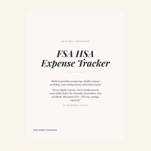 Może przedstawiać: Drukowany zeszyt zatytułowany "FSA HSA Expense Tracker". Tekst opisuje go jako dziennik wydatków medycznych i narzędzie do śledzenia zwrotów kosztów. Zeszyt zawiera 10 stron do wydrukowania. Marka to The Ivory Standard.