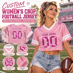 Maglia da calcio corta personalizzata per donna, con nome, numero e logo personalizzati, top da cheerleader con paillettes e glitter, top corto per il giorno della partita, regalo perfetto per il tailgate.