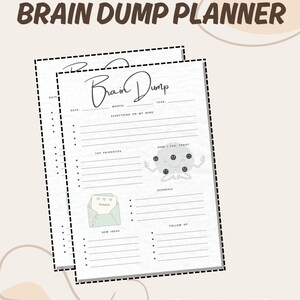 Pode incluir: Planejador Brain Dump para TDAH com um design minimalista. O planejador inclui seções para as principais prioridades, cronograma e novas ideias. O texto no planejador diz "Brain Dump" e "Organize seus pensamentos". Imprimível e editável.