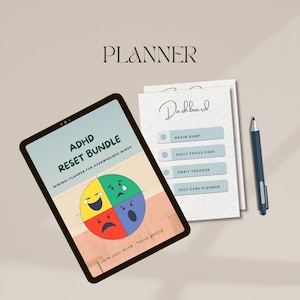 May include: A digital ADHD Reset Bundle planner on a tablet, featuring a colourful emotional wheel graphic. Includes a dashboard with sections for brain dumps, daily focus, habit tracking, and self-care. A blue pen is also present.