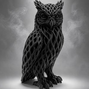 Può includere: Una statuetta di gufo nera caratterizzata da un'intricata struttura a traliccio traforato su tutto il corpo. La scultura mostra dettagliati motivi di piume e artigli affilati, con un design cavo a ragnatela che crea una complessa rete di linee.