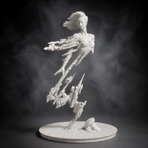 May include: A white sculpture of a human figure emerging from jagged, crystalline shards. The figure has flowing hair and is positioned above a circular base. The sculpture features a textured, matte finish with sharp, angular forms extending downward.