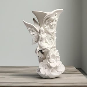 Può includere: Un vaso in ceramica bianca con un design a fata. Il vaso presenta una fata scolpita con ali, fiori e dettagli ornati. Il vaso è un oggetto decorativo, adatto per esporre fiori o come opera d'arte a sé stante.
