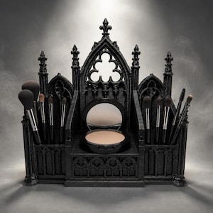 Gotische kathedraal make-up organizer, donkere academie make-up kwastenhouder, heksenachtige kamerdecoratie cosmetica tray, zwarte matte gotische sieraden lippenstift