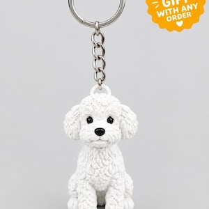 Nyckelring till vit pudel, väska med berlock till maltesisk bichon, nyckelring till söt valpfigur, present till hundmamma, mini-skrivbord, 3D-tryckt dekoration för husdjur, gratis presenterbjudande