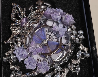 Enchanted Butterfly Pocket Watch,A Whimsical Steampunk Victorian-Style Timepiece,A Gothic-Romantic, Shimmering Quartz Watch