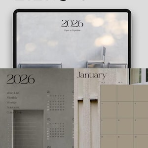 Op de afbeelding: Een digitale planner met de tekst "2026 Life Planner". De planner toont een kalender, een verlanglijst en notitieboeksecties. Het kleurenschema is neutraal met grijstinten en beige.