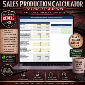 May include: A laptop displays a sales production calculator for real estate brokers and agents. The screen shows a spreadsheet with financial data and a daily production plan. A coffee mug with the text "Strong Agents Build Strong Businesses" sits beside the laptop.