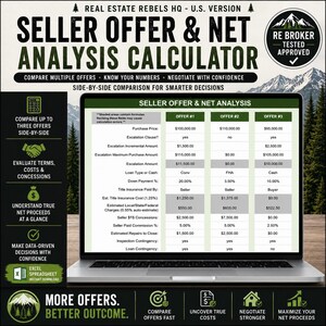 May include: A laptop screen displays a real estate seller offer and net analysis calculator. The calculator compares multiple offers side-by-side, with fields for purchase price, loan type, and more. The image includes the text "Real Estate Rebels HQ - U.S. Version."