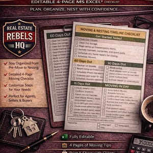 Può includere: Un elenco di controllo per traslochi e nidificazione di immobili con il testo "Move & Nest Timeline Checklist" e "Real Estate Rebels HQ". Include una calcolatrice, chiavi e una tazza di caffè. L'elenco di controllo è modificabile e contiene 4 pagine di consigli per il trasloco.
