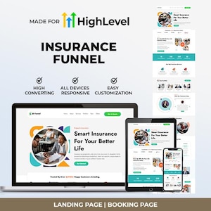 May include: A digital marketing graphic promoting an insurance funnel. The image displays a laptop, tablet, and smartphone showcasing a website design. Text includes "INSURANCE FUNNEL", "High Converting", "All Devices Responsive", and "Easy Customization".