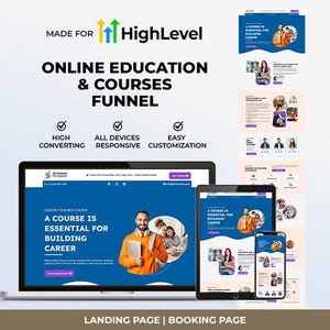 May include: A digital marketing graphic promoting online education and courses. The design features a laptop, tablet, and smartphone displaying website mockups. Text includes "Online Education & Courses Funnel" and "A Course is Essential for Building Career."