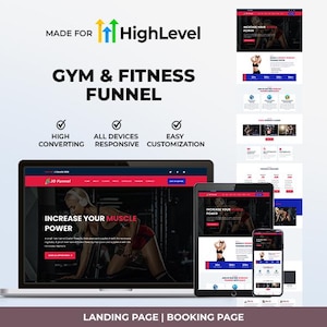 May include: A digital marketing design for a gym and fitness funnel, displayed on a laptop, tablet, and smartphone. The design features the text "GYM & FITNESS FUNNEL" and "INCREASE YOUR MUSCLE POWER". The design is responsive and easy to customize.