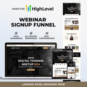 Puede incluir: Una plantilla de marketing digital para un embudo de registro de seminarios web, con un portátil, una tableta y un teléfono inteligente que muestran una página para el Digital Thinkers Meetup 2024. Incluye encabezados, iconos y diseño vertical.