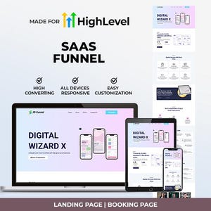Puede incluir: Diseño de página de destino y página de reserva de embudo SaaS de marketing digital, que se muestra en una computadora portátil, tableta y teléfono inteligente. El diseño presenta el texto "Digital Wizard X" y "SAAS FUNNEL". La imagen también incluye el texto "Made for HighLevel".