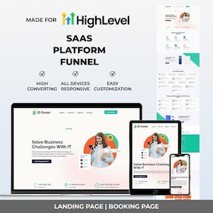 May include: A digital marketing SaaS platform funnel is displayed on a laptop, tablet, and smartphone. The landing page and booking page are shown. The text includes "HighLevel", "SAAS Platform Funnel", and "Solve Business Challenges With IT."