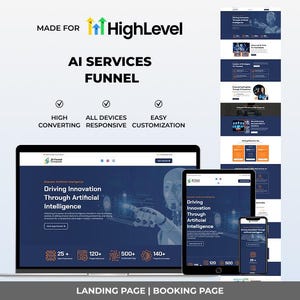 May include: A digital marketing graphic promoting AI services. The design features a laptop, tablet, and smartphone displaying a website interface with the text "Driving Innovation Through Artificial Intelligence." The graphic includes the HighLevel logo and the words "AI Services Funnel."