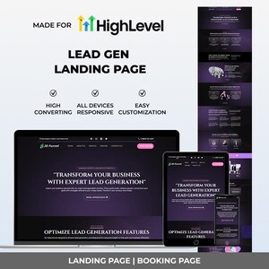 Könnte beinhalten: Ein digitales Marketing-Landingpage-Design für HighLevel, angezeigt auf einem Laptop, Tablet und Smartphone. Das Design zeigt einen dunkelvioletten Farbverlaufshintergrund mit weißem Text, der Lead-Generierungsdienste bewirbt. Der Text enthält "Transformieren Sie Ihr Unternehmen".