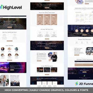 Puede incluir: Diseño de sitio web con fondo claro y acentos azul oscuro y marrón. El sitio web promociona un seminario web exclusivo y presenta secciones para detalles del evento, oradores y testimonios. Los logotipos de HighLevel y JD Funnel son visibles.
