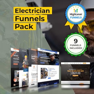 Op de afbeelding: Een afbeelding die een elektricien funnel pack promoot. De tekst "Electrician Funnels Pack" wordt in het geel weergegeven. De afbeelding bevat een badge met de tekst "HighLevel Funnels" en een andere met de tekst "9 Funnels Included". Er worden ook verschillende website-mockups getoond.