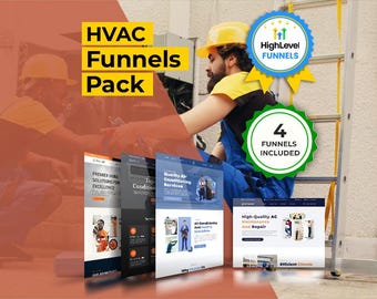 May include: Image promoting HVAC funnels. The image features a worker in a yellow hard hat and blue overalls, with four website mockups. Text includes "HVAC Funnels Pack", "HighLevel Funnels", and "4 Funnels Included".