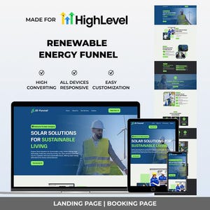 May include: A digital marketing graphic promoting "Renewable Energy Funnel" solutions. The image displays a laptop, tablet, and phone showcasing website designs with the text "Solar Solutions for Sustainable Living." The design includes a man in a hard hat and vest.