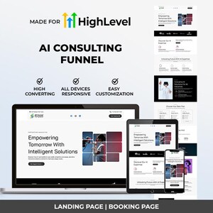 May include: A digital marketing graphic promoting AI consulting services. The image displays a laptop, tablet, and smartphone showcasing a website design. Text includes "AI Consulting Funnel," "High Converting," and "All Devices Responsive."